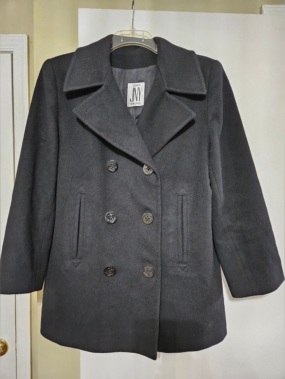 Jones New York 100% Pure Wool Black Double Breasted Pea Coat Jacket Size L